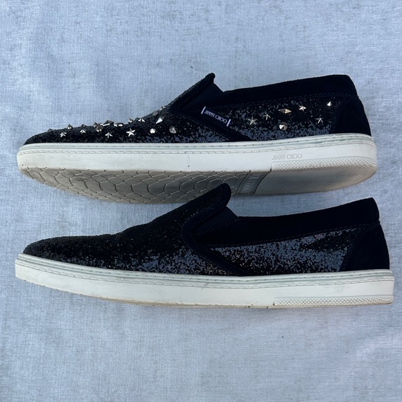 Jimmy Choo Black Glitter Loafers with Silver Studs Size 13 - Picture 7 of 12